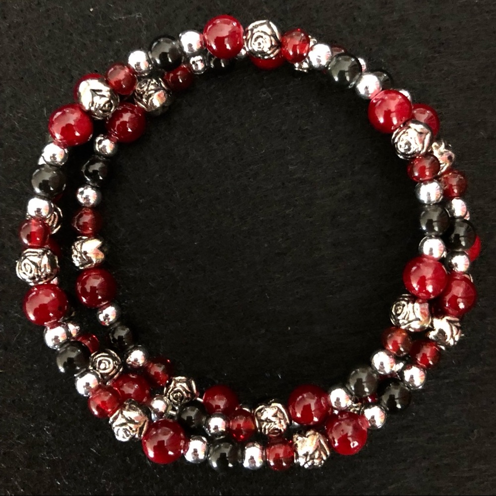 Handmade wraparound bracelet in maroon and black